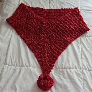 Cozy Red Knit Scarf with Pom Pom, Perfect For The Holidays